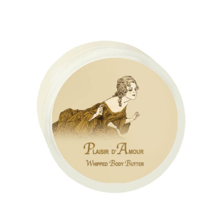Plaisir d'Amour Argan Oil Whipped Body Butter 8oz jar with elegant vintage design.