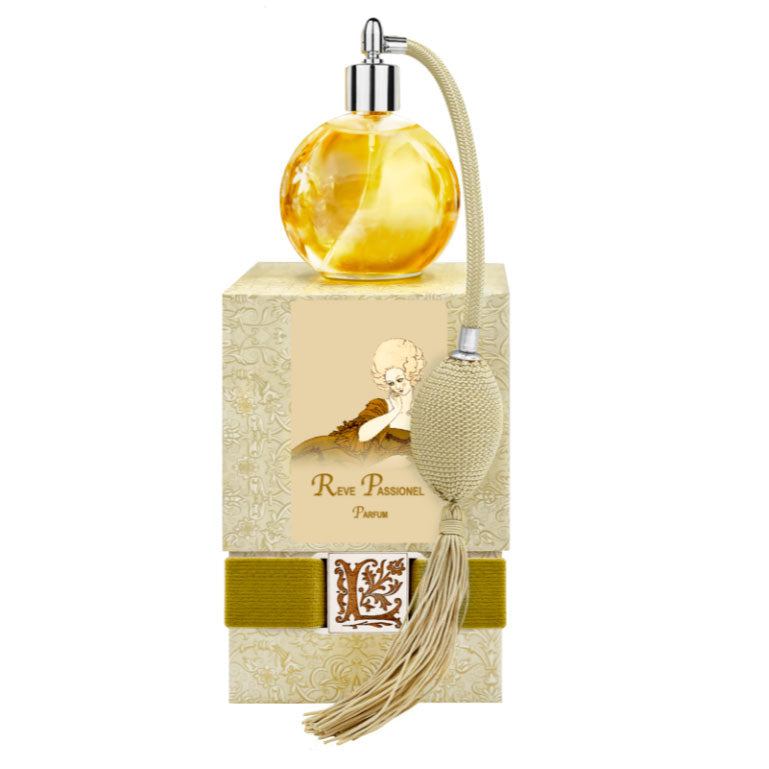 Reve Passionel French Perfume with gold bulb sprayer and tassel in elegant packaging.