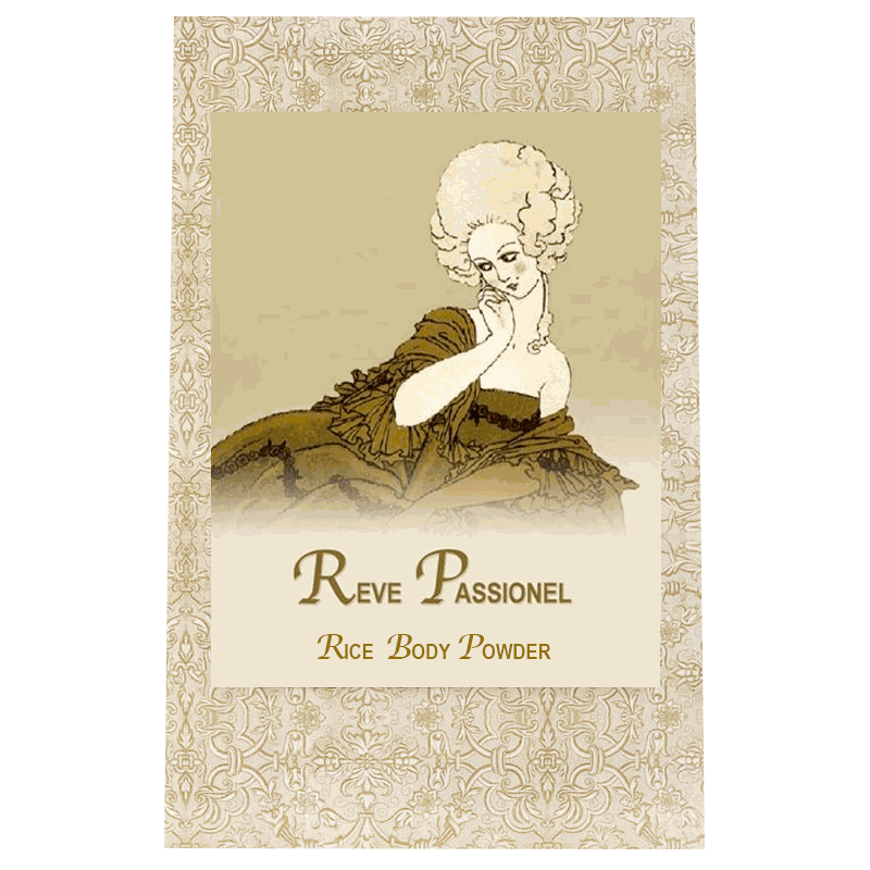 Reve Passionel Rice Body Powder with vintage-inspired packaging design.
