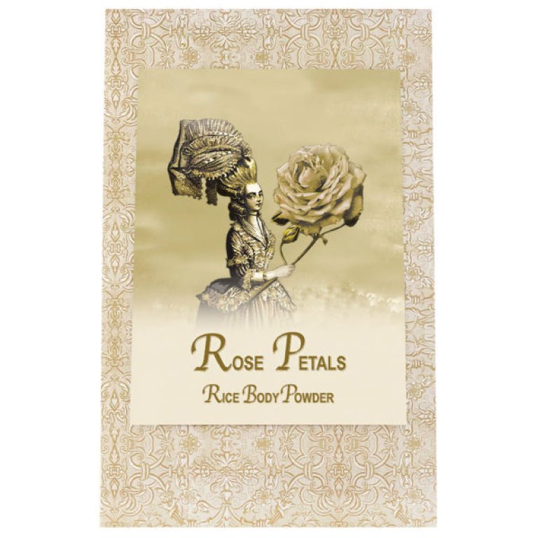 Rose Petals Rice Body Powder Refill 8oz. packaging with vintage Parisian theme.