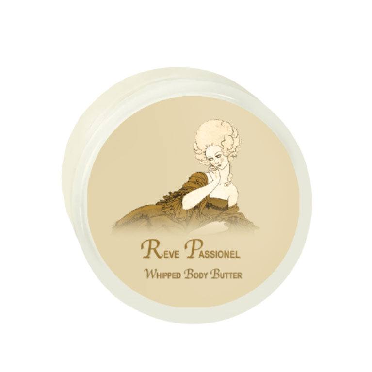 Reve Passionel Argan Oil Whipped Body Butter 8oz jar with vintage-inspired label design.