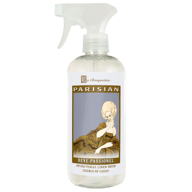 Reve Passionel Antibacterial Linen Water 19oz bottle with vintage label design.