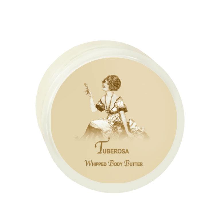Tuberosa Argan Oil Whipped Body Butter 8oz jar with vintage design, deeply hydrating and nourishing skin.