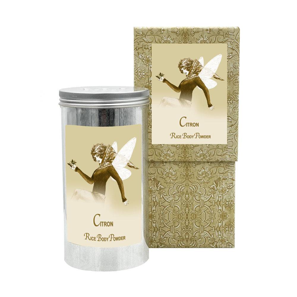 Citron Rice Body Powder in Aluminum Canister with decorative packaging.