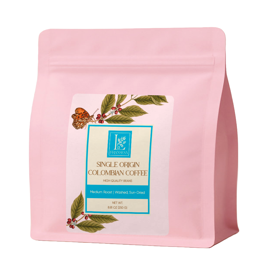 250g pink bag of Single-Origin Colombian Arabica medium roast coffee beans from Finca La Perla, resealable packaging