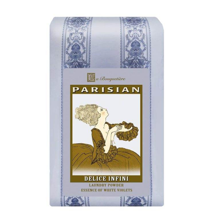 Delice Infini Laundry Powder package with elegant design, featuring a vintage illustration, 32oz capacity.
