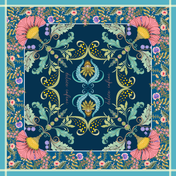 Silk blend scarf with floral design and hand-rolled edges, versatile for various styling.