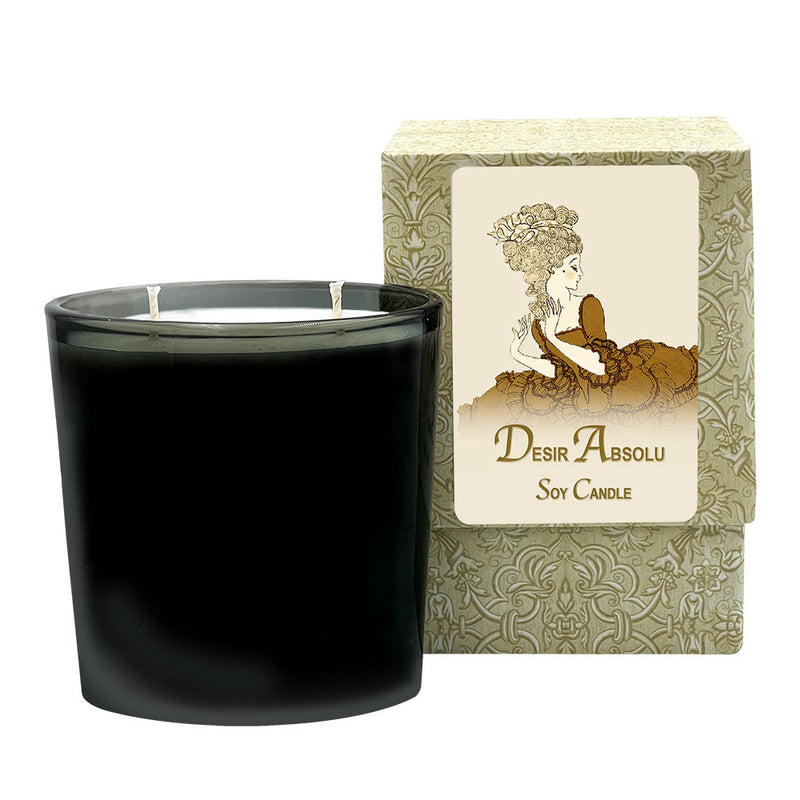 Desir Absolu Medium Candle in oval glass jar with 70-hour burn time, featuring rose, patchouli, and amber notes.