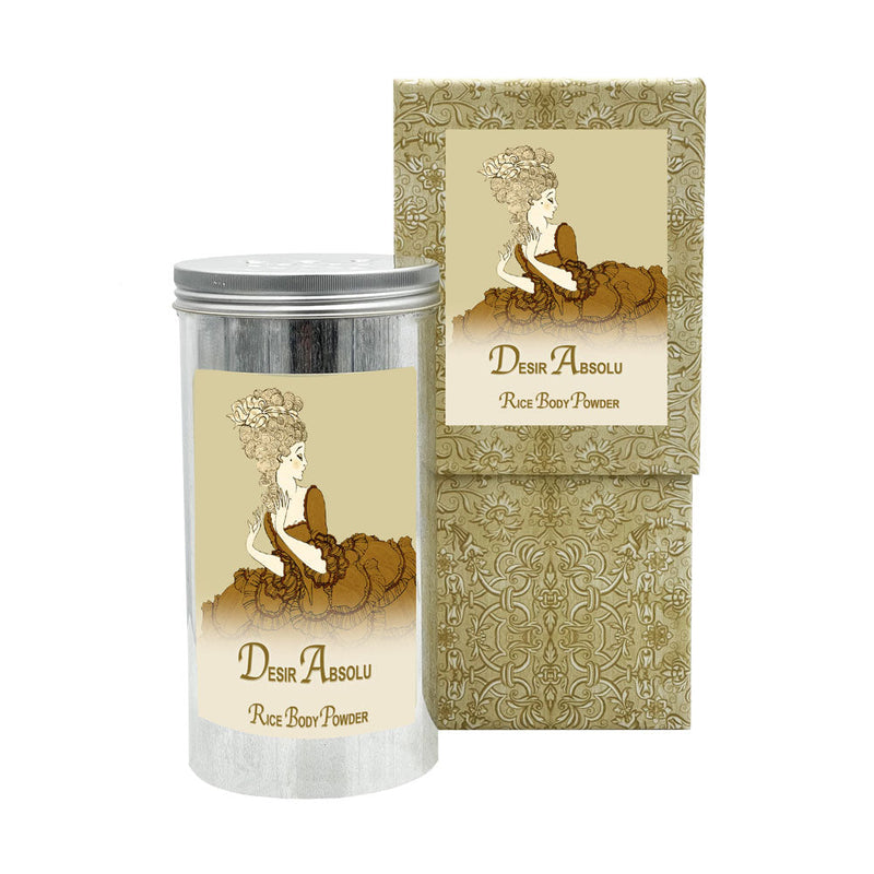 Desir Absolu Rice Body Powder in aluminum canister with ornate packaging, featuring natural ingredients and French fragrances.