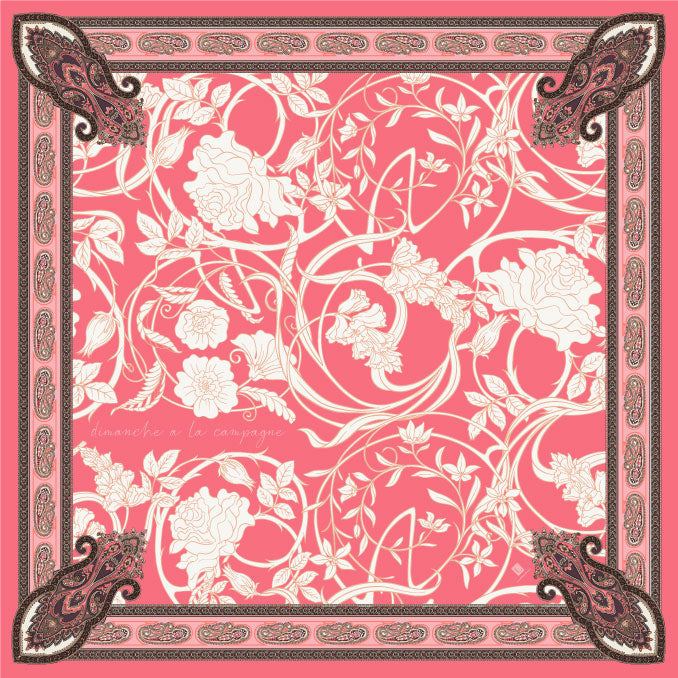 Silk blend scarf with hand-rolled edges, floral pattern design.