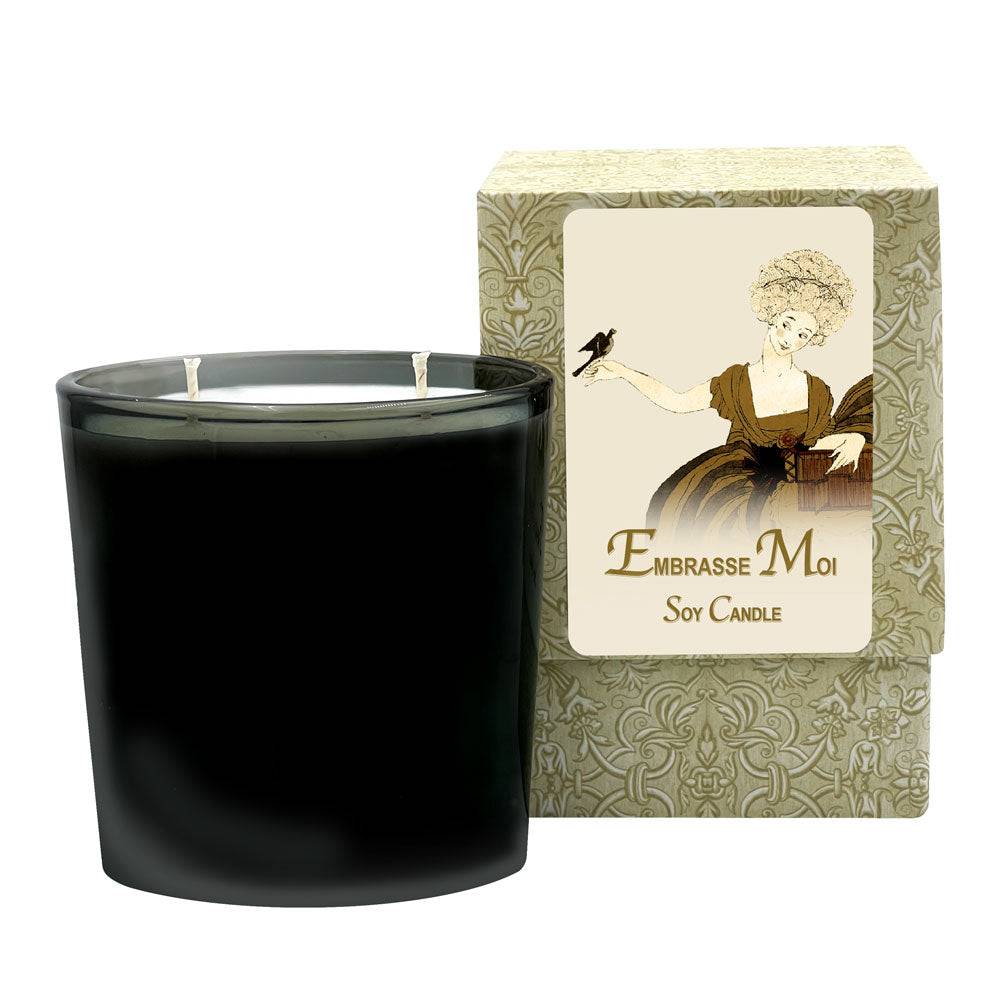 Embrasse Moi Medium Candle in black glass jar with decorative box, burns 60-70 hours.