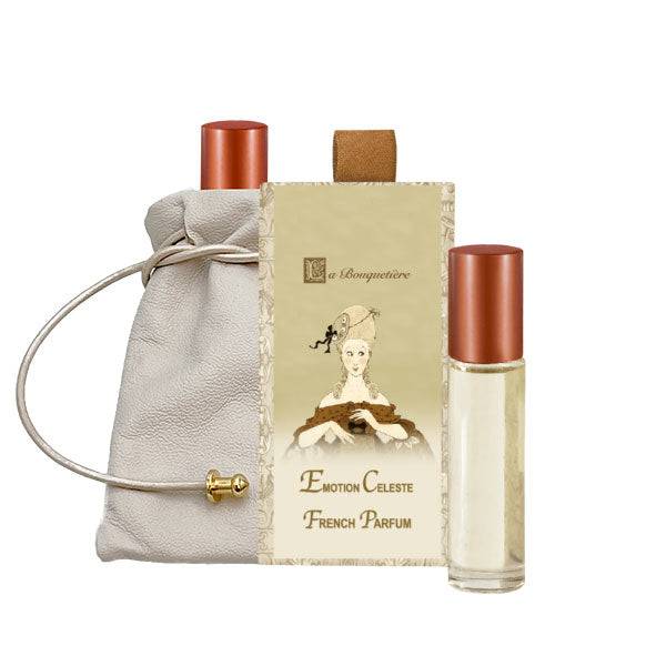 Emotion Celeste French Perfume 10ml roll-on with luxury packaging, featuring notes of rose, patchouli, sandalwood; cruelty-free fragrance made in France.
