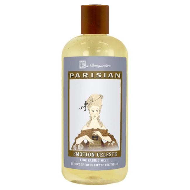 Emotion Celeste Fine Fabric Wash 19oz bottle with French design label, plant-based ingredients, and cruelty-free formula.