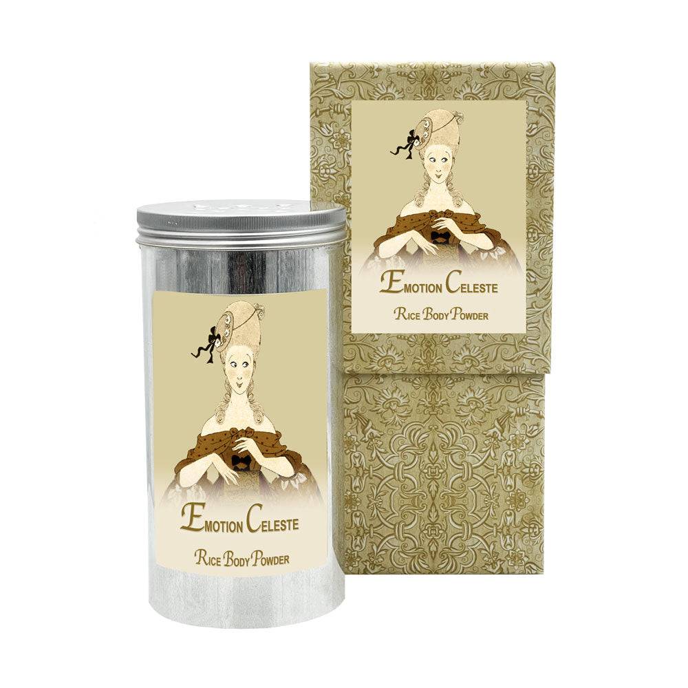 Emotion Celeste Rice Body Powder in aluminum canister with elegant packaging.