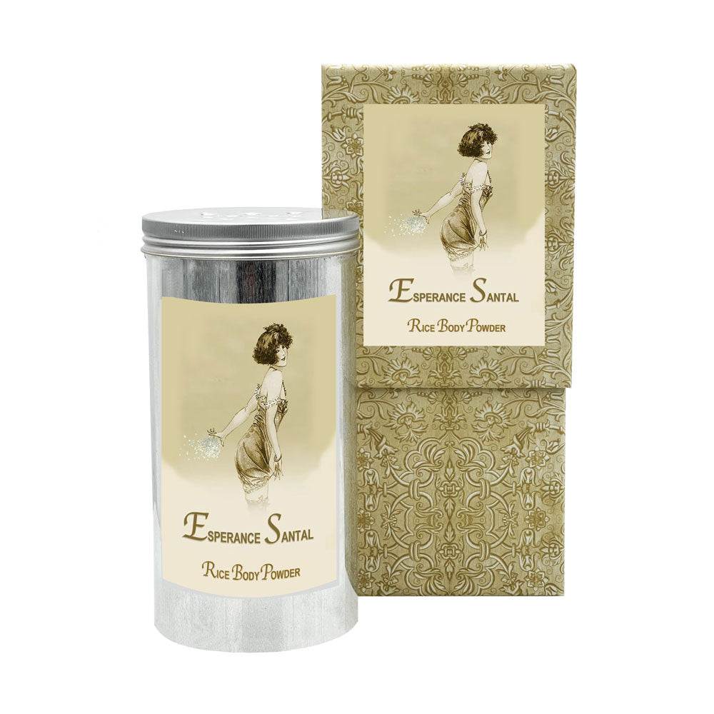 Esperance Santal Rice Body Powder in aluminum canister with vintage design.
