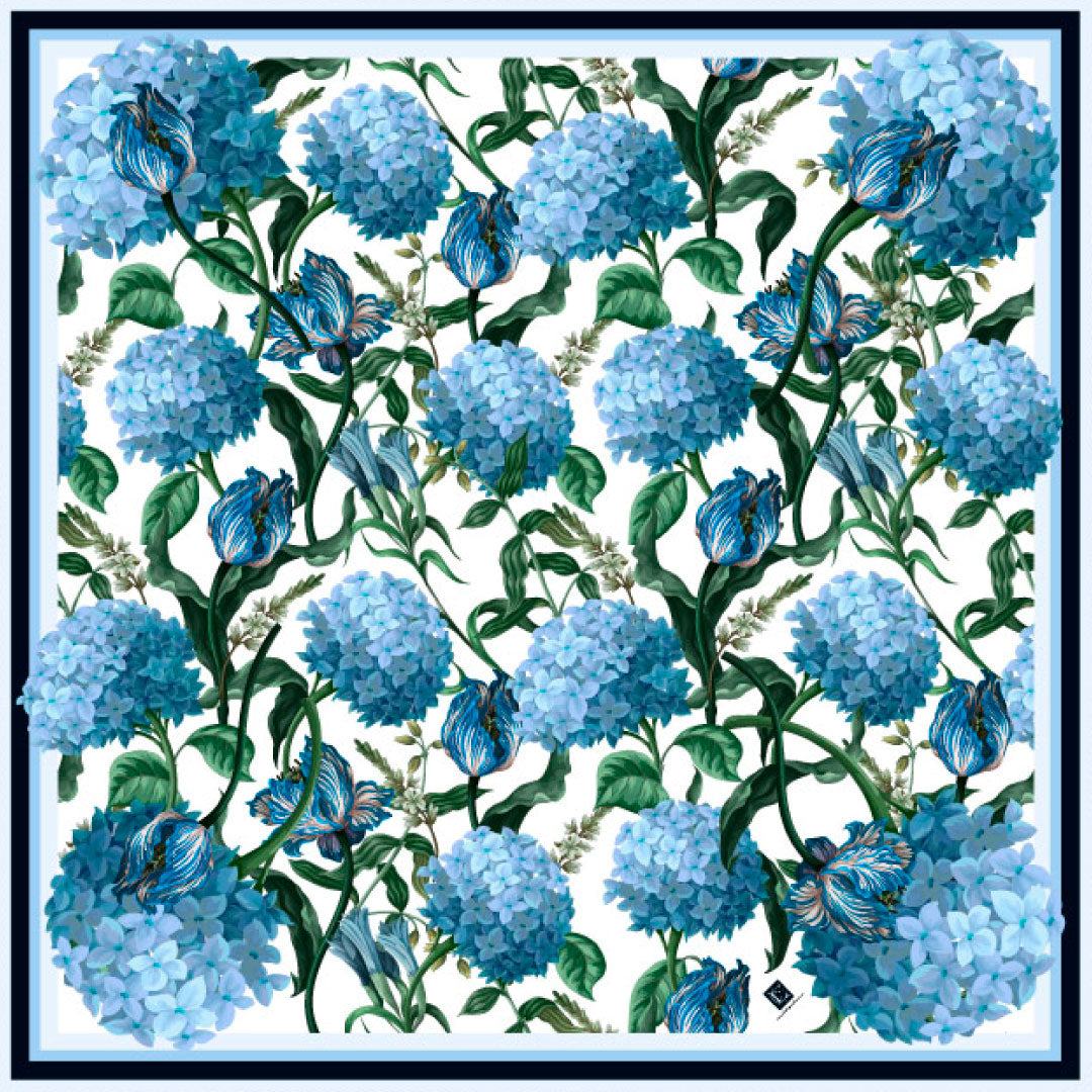 Blue hydrangea sscarf with floral design and hand-rolled edges.