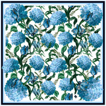 Blue hydrangea sscarf with floral design and hand-rolled edges.