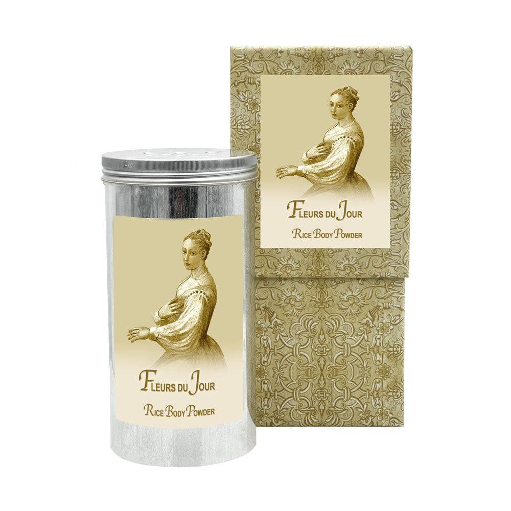 Fleurs Du Jour Marina Blue Rice Body Powder in Aluminum Canister with Decorative Box