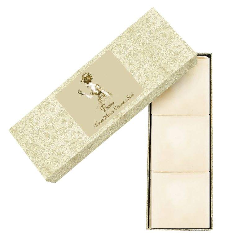 Set of three Freesia triple-milled vegetable soaps in an elegant gift box.