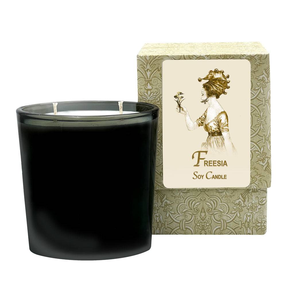 Freesia Medium Candle in black glass jar with decorative box, 60-70 hours burn time.