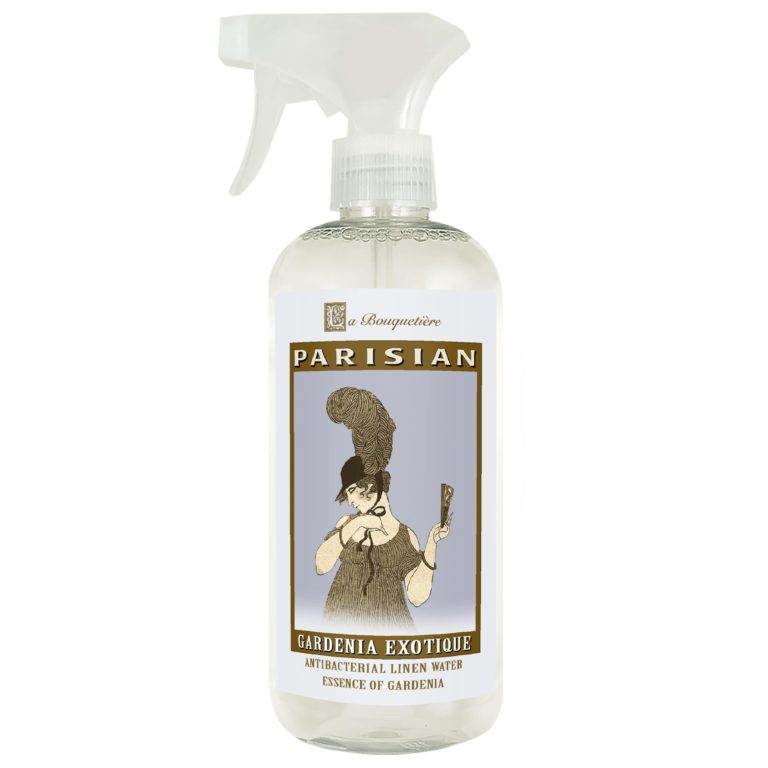 Gardenia Exotique Antibacterial Linen Water 19oz bottle with spray nozzle.