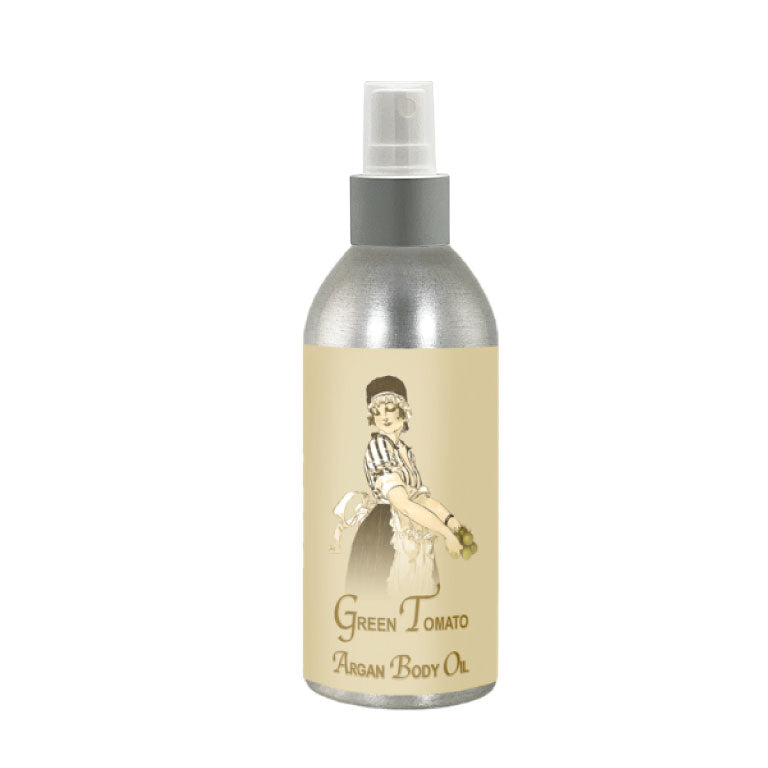 Green Tomato French Body Argan Oil 8oz bottle with vintage-inspired label, deeply hydrating and rejuvenating formula.