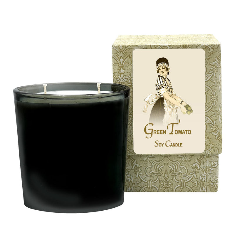 Green Tomato Medium Candle in hand-crafted oval glass jar, 70-hour burn time.