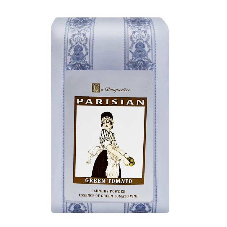 Green Tomato Laundry Powder 32oz packaging with vintage design and Parisian theme.