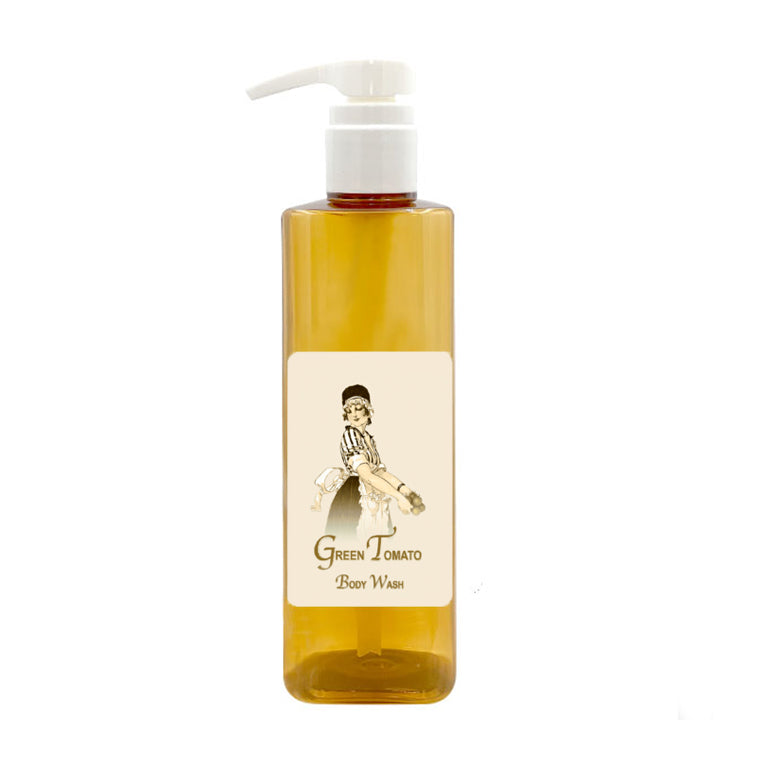 Green Tomato Body Wash 20oz bottle with a pump, featuring a vintage-style label and cruelty-free certification.