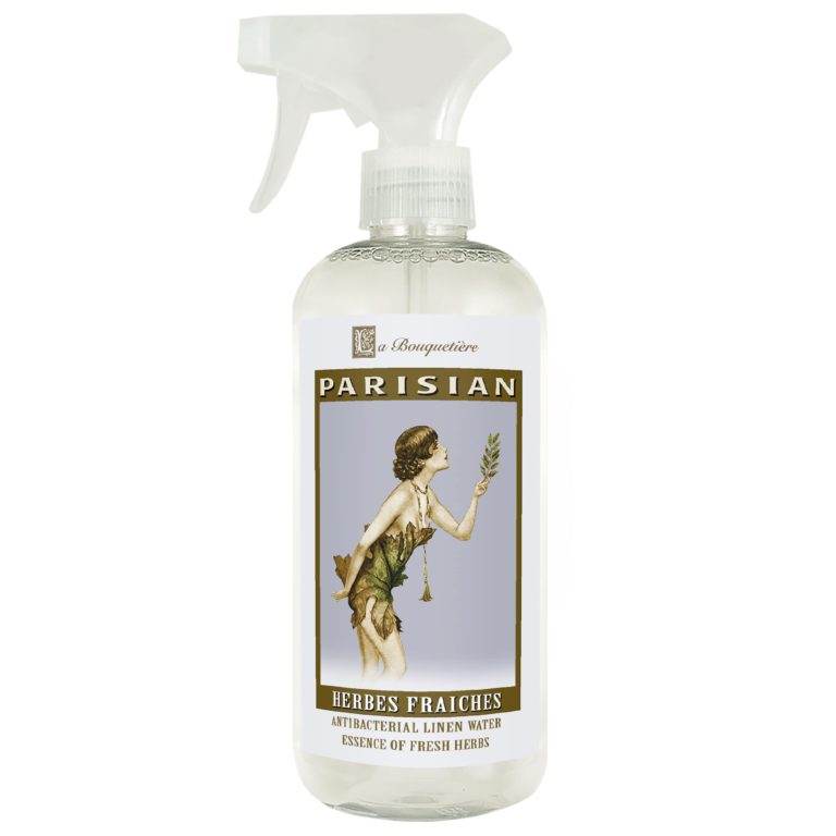 Herbes Fraiches Antibacterial Linen Water 19oz bottle with vintage design.