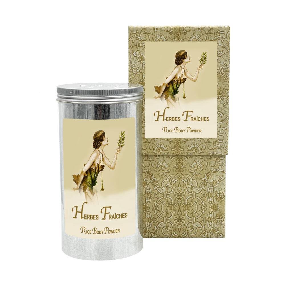 Herbes Fraiches Rice Body Powder in aluminum canister, enriched with vitamin E.