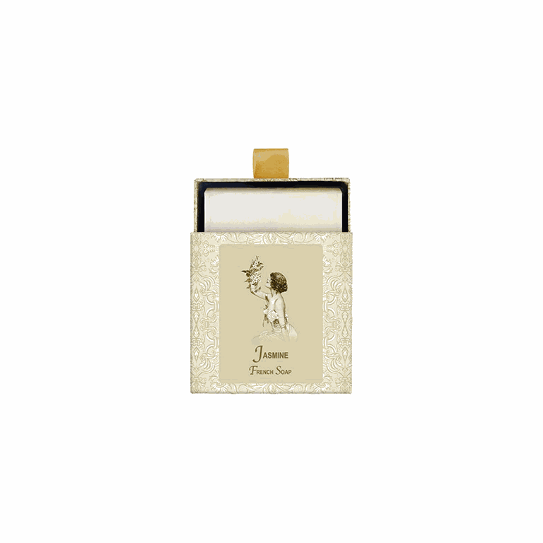 Jasmine French Soap in decorative box, handcrafted with Shea, Cocoa, and Mango Butters, cruelty-free.