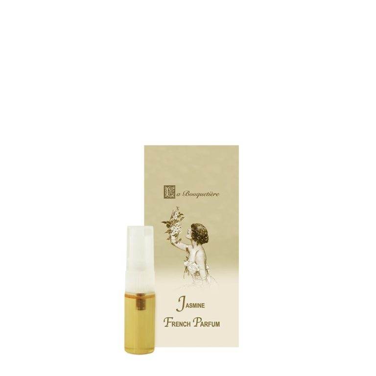 Jasmine Parfum Sample Spray 0.1oz, featuring notes of citrus, jasmine, and musk, with fragrance made in France.