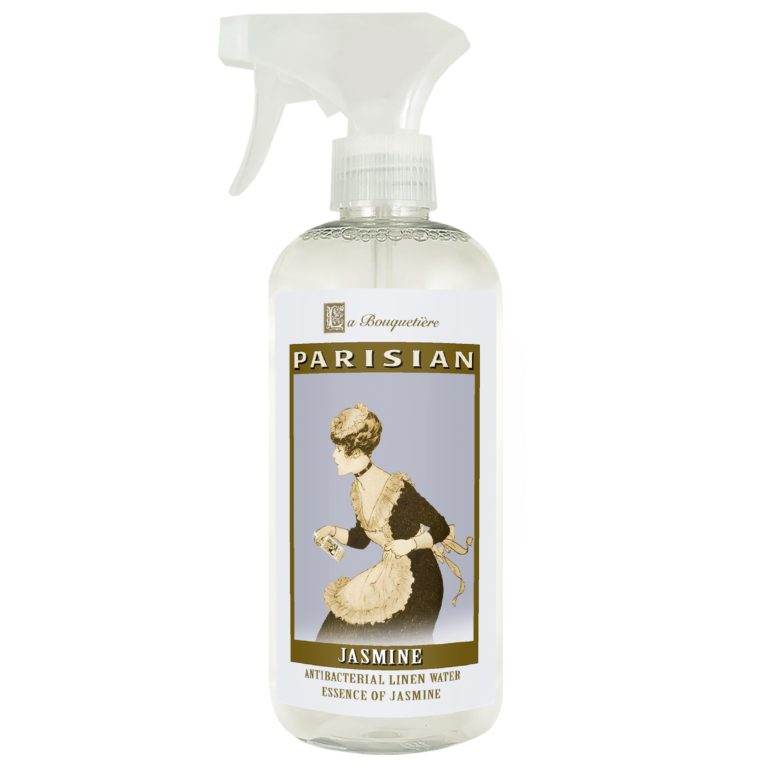 Jasmine Antibacterial Linen Water 19oz. spray bottle with vintage label design.