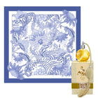 Lavender scarf with hand-rolled edges and floral print design.