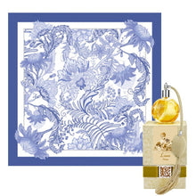 Lavender scarf with hand-rolled edges and floral print design.