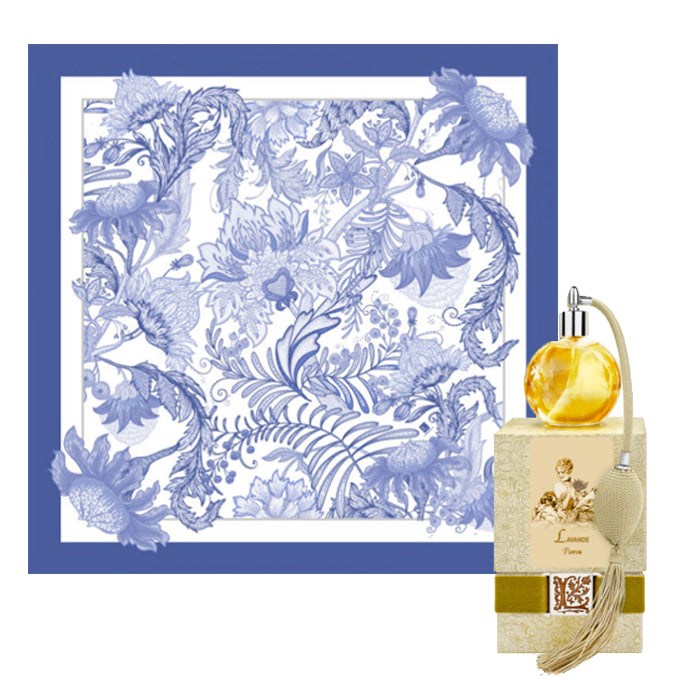 Lavender scarf with hand-rolled edges and floral print design.