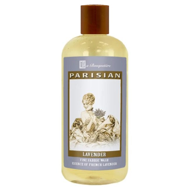 Lavande Fine Fabric Wash 19oz bottle with premium French liquid detergent, formulated for HE and conventional washing machines, gentle on sensitive skin.