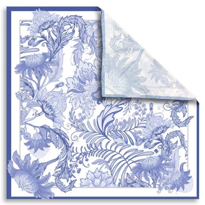 Lavender scarf with hand-rolled edges and floral print design.