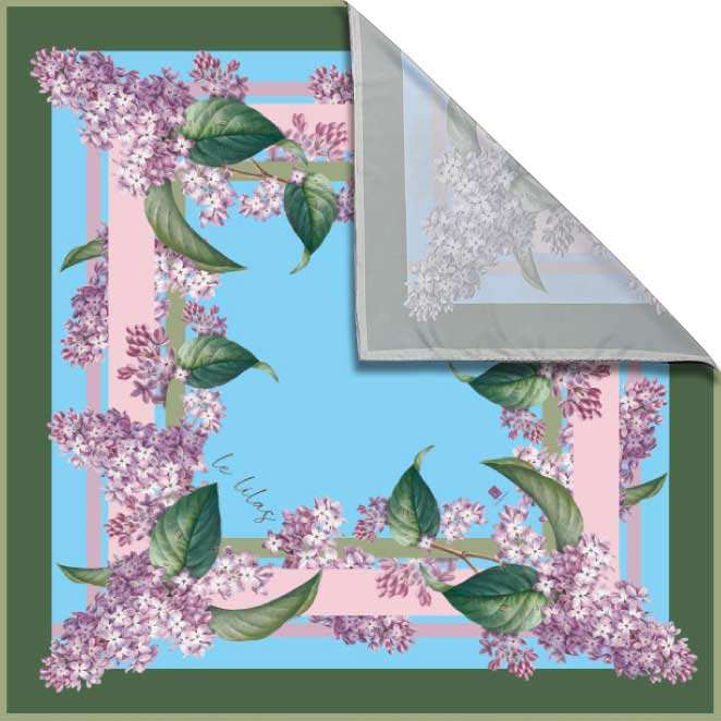 lilac scarf with lilac floral design and hand-rolled edges.