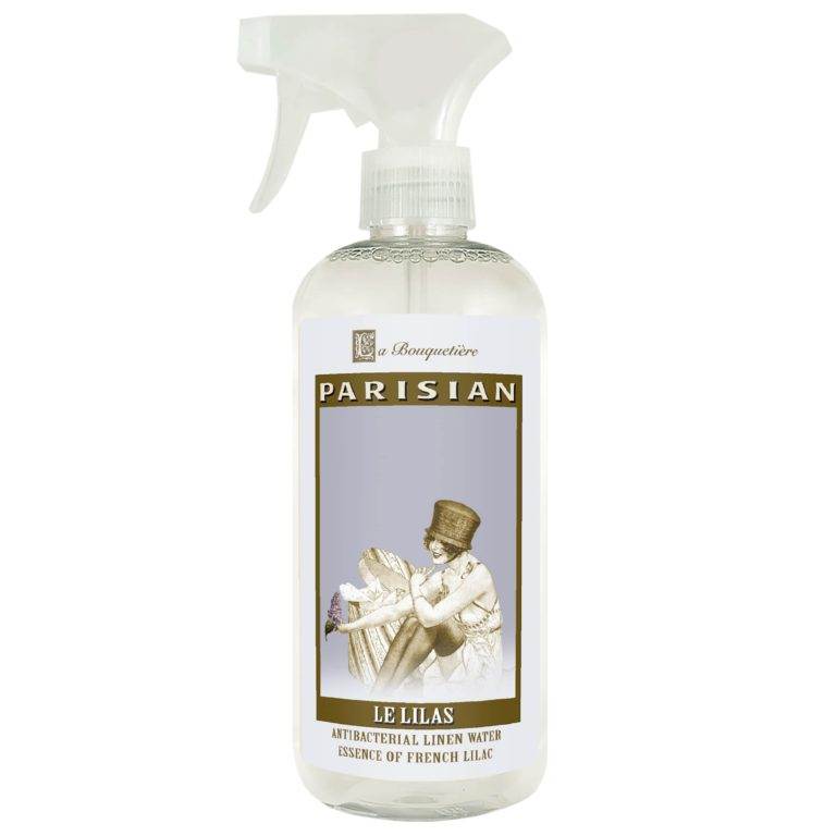 French Lilac Antibacterial Linen Water 19oz bottle with trigger spray, designed by La Bouquetiere.