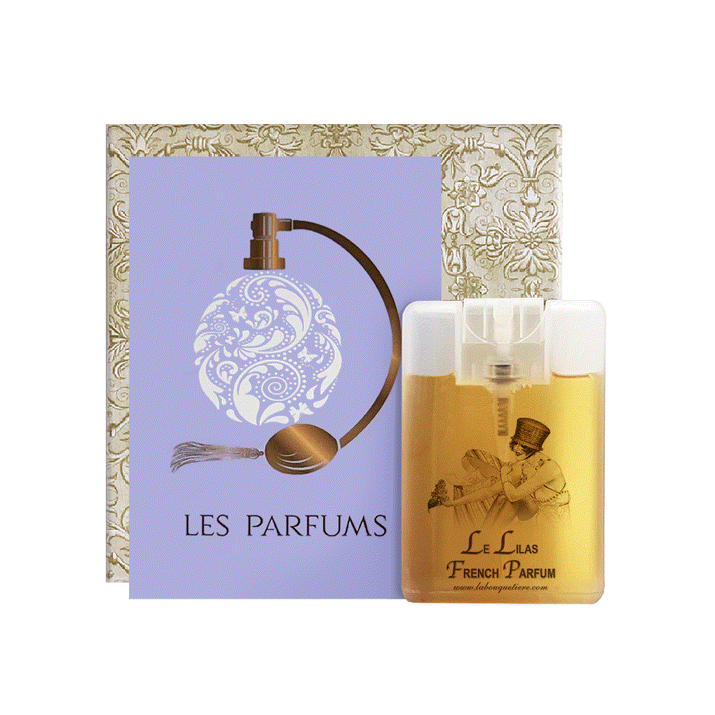 French Lilac Eau de Parfum spray card, 20ml, compact and travel-friendly, featuring ornate packaging.