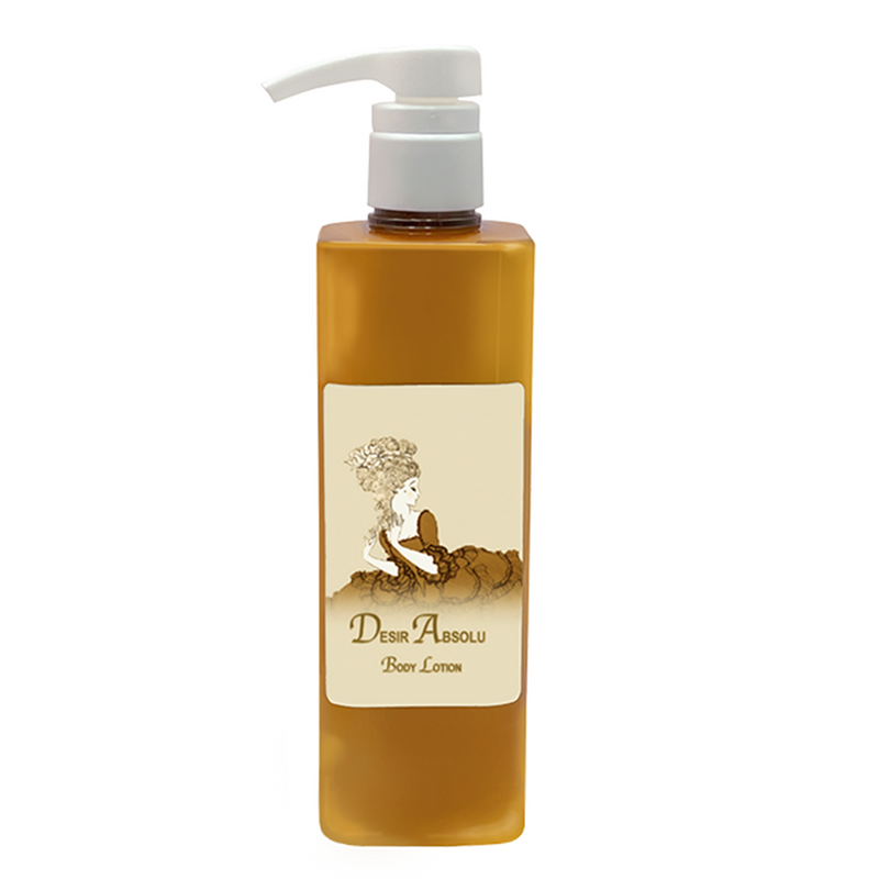 Desir Absolu Body Lotion 20oz bottle with pump, featuring French fragrances and skin-smoothing emollients.