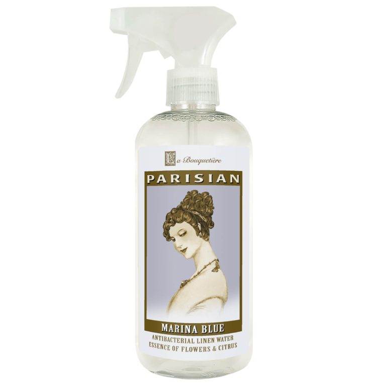 Fleurs du Jour Marina Antibacterial Linen Water 19oz bottle with vintage Parisian design.
