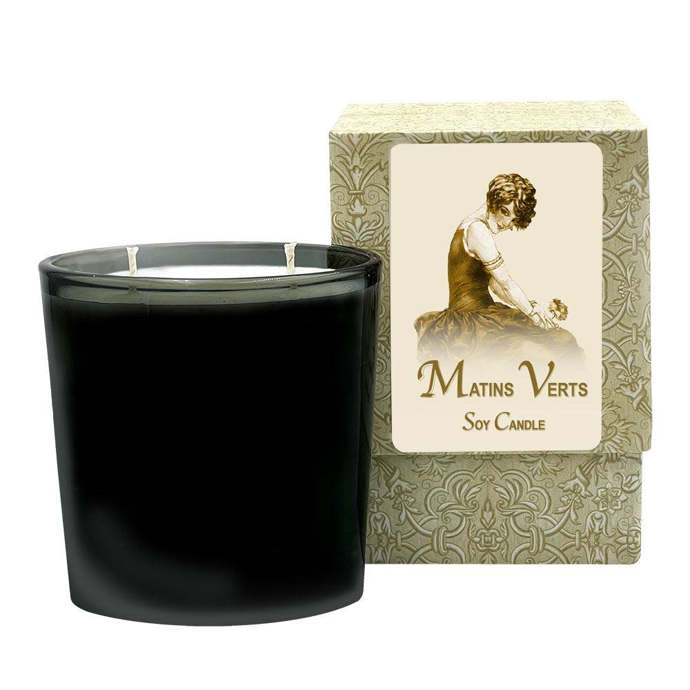 Matins Verts Medium Candle in hand-crafted glass jar, featuring green mandarin, lavender, and bergamot scents.