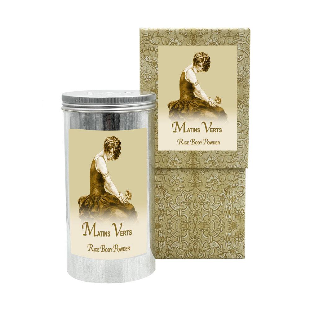 Matins Verts Rice Body Powder in an Aluminum Canister with Elegant Packaging