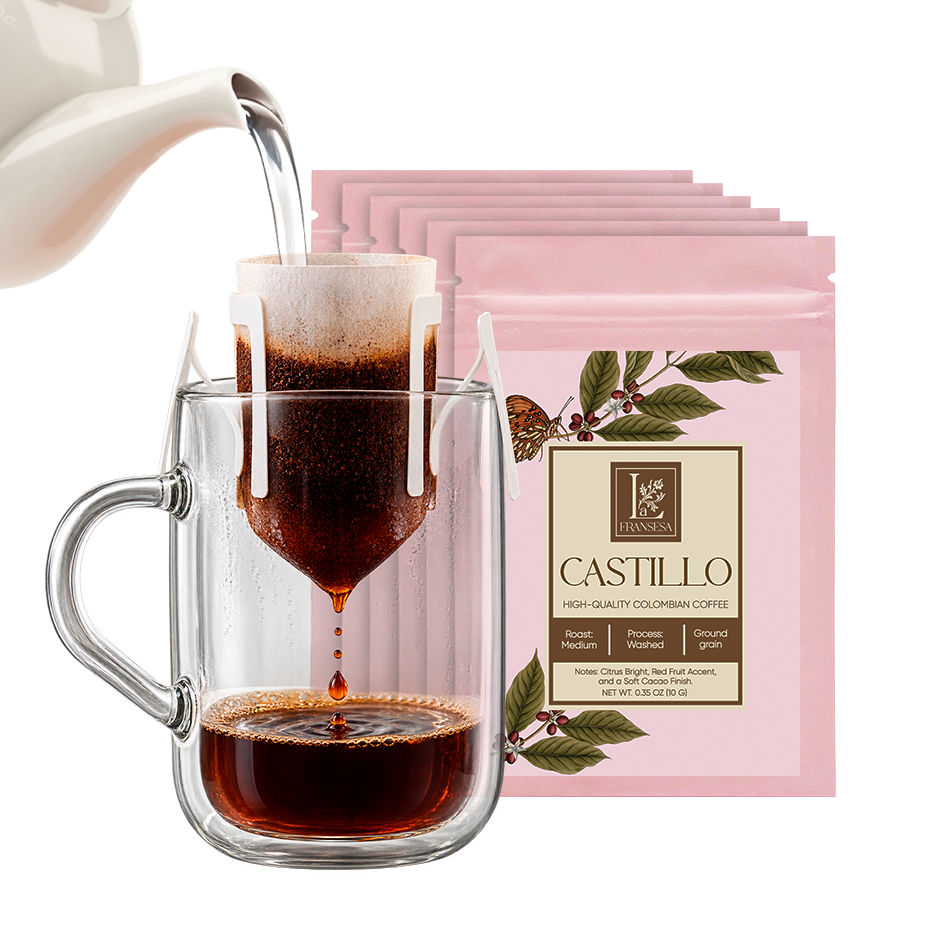 Single-Cup Pre-Filled Colombian Specialty Pour Over Coffee Bags – Castillo, 6 Bags, 10g Each, 100% Arabica, Medium Roast