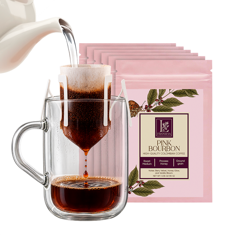 Single-Cup Pre-Filled Colombian Specialty Pour Over Coffee Bags – Pink Bourbon, 6 Bags, 10g Each, 100% Arabica, Medium Roast