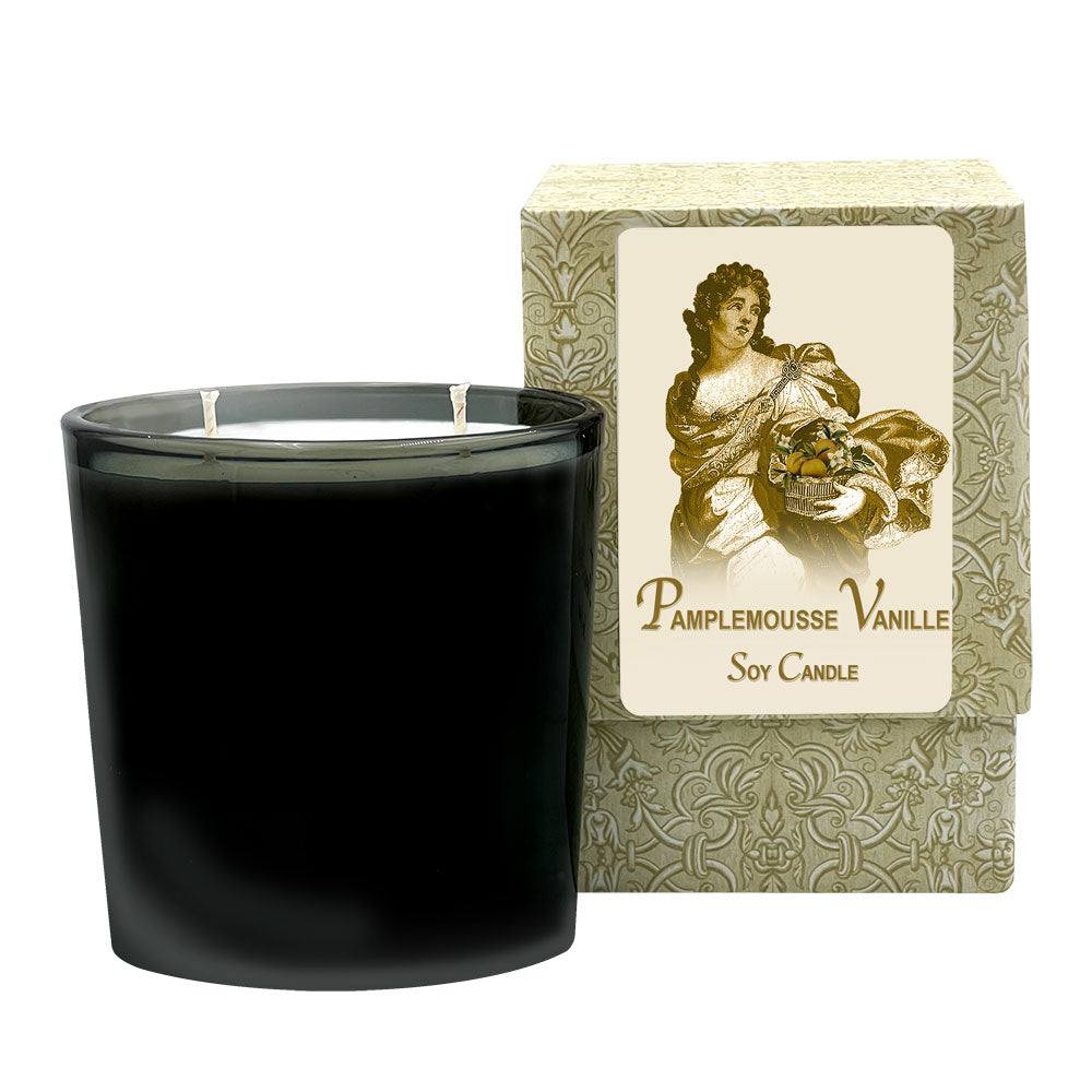 Pamplemousse Vanille Candle in black glass jar with decorative box, 60-70 hours burn time.