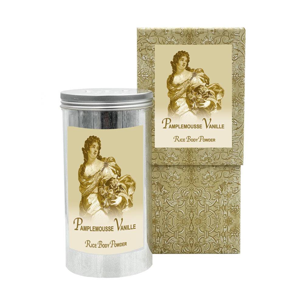 Pamplemousse Vanille Rice Body Powder in aluminum canister with ornate packaging.